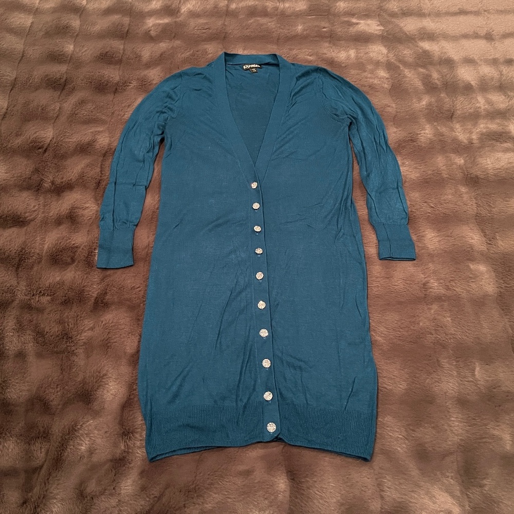 Express Teal Cardigan Sweater with Faux Crystal Buttons & Three Quarter Sleeves